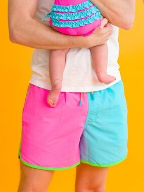 Rugged Butts Neon Color Block Men's Dolphin Hem Swim Trunks